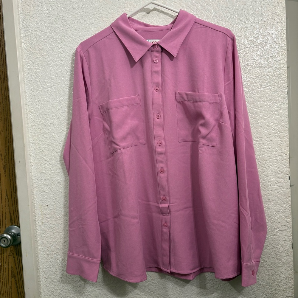 d&co. Denim‎ & Company Women's Button-Front Blouse Shirt Pink L